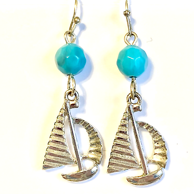 #ad Sailboat Earrings Silver Plated Aqua Bead Nautical Dangle Pierced Beach Island $9.99