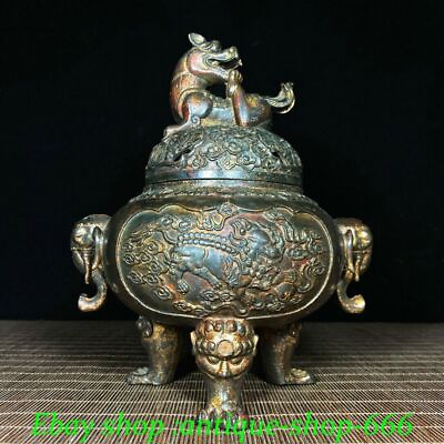 #ad Marked Old China Dynasty Bronze Dragon Lion elephant ear Incense Burner Censer $200.76