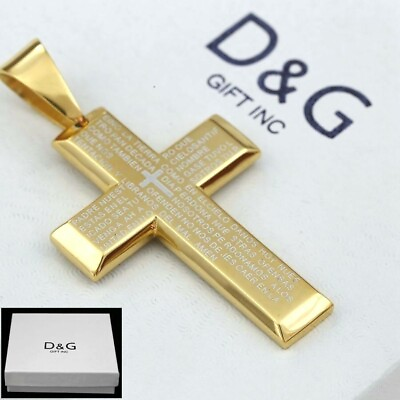 #ad DG Men#x27;s Stainless Steel BIBLE VERSES CROSS 68mm.Pendant Gold plated*Box $13.99