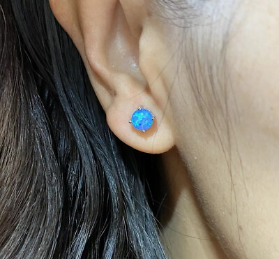 #ad 6MM Fire Opal Stud Earrings S925 Silver Blue Opal Stud Earrings Gift $22.99