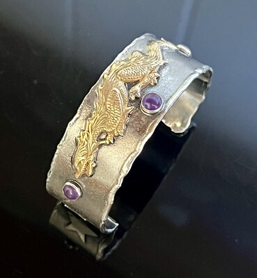 #ad Vtg Chinese Sterling Amethyst Cabochon Cuff Bracelet Gold Repousse Dragon 50g $164.00