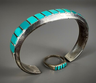 #ad Vintage Zuni Sterling Silver Turquoise Inlay Cuff Bracelet amp; Ring Set GORGEOUS $343.00