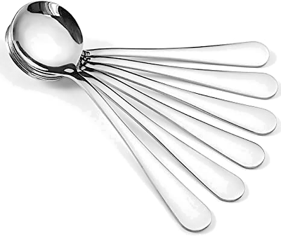 #ad 6 Pack Soup Spoons Round Stainless Steel Bouillon Spoon Table Serving Cooking $8.49