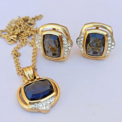 #ad Vintage Era Mogul Set Royal Blue Cushion Crystal Necklace Earrings 1980s VTG $78.40