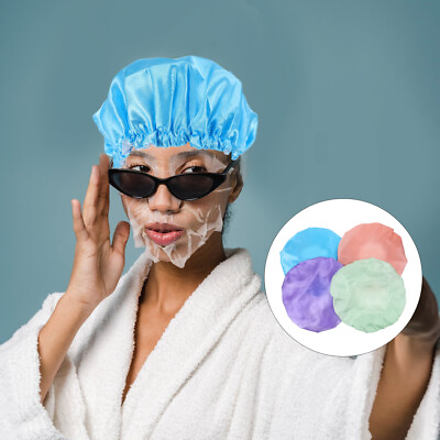 #ad 4 Pcs Double Layer Shower Cap Bath Caps Multifunction Silk Bonnet for Sleeping $14.58