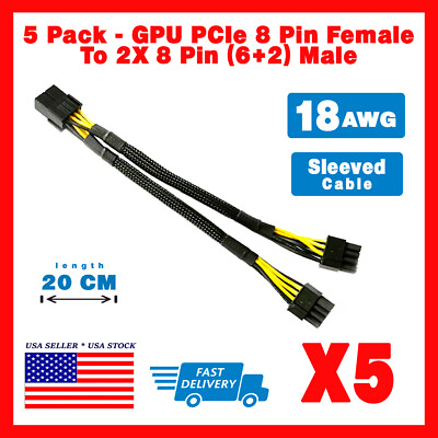 #ad 5 Pack 18AWG PCI E 6pin to Dual 8 pin Y Splitter Extension Cable GPU Mining 20cm $18.99