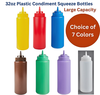#ad 32oz Plastic Condiment Squeeze Bottle Dispenser Clear Red Yellow Ketchup Mustard $7.95
