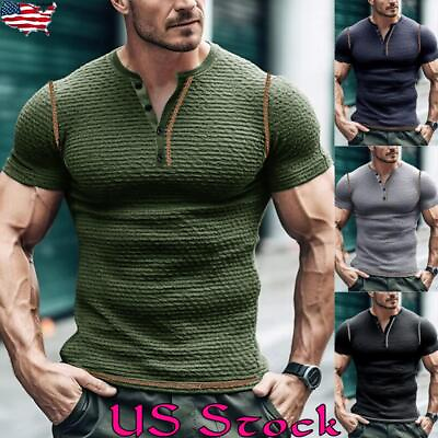 #ad Men Short Sleeve Summer Muscle Fit Shirt Bodybuilding Casual Sports Blouse Tops $23.79