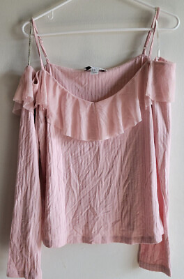 #ad Forever 21 Top Plus Size 1X Cold Shoulder Pink Ribbed Long Sleeve Ruffle Stretch $39.99