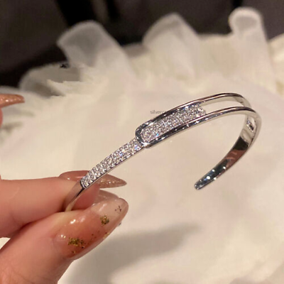 #ad Women 925 SilverGold Plated Round Simulated Diamond Cuff Bracelet Bangle Wedding $153.34