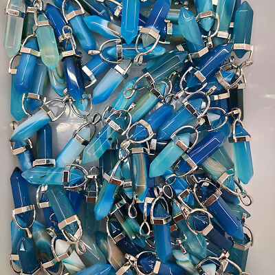 #ad 500pcs Natural Blue Line Agate Stone Point Chakra Healing Pendants Wholesale $330.99