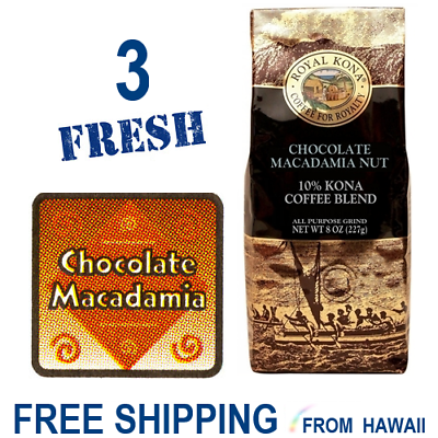 #ad 3 CHOCOLATE MACADAMIA NUT Flavor 10% blend 8oz Ground Royal Kona Coffee Hawaii $51.80