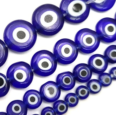 #ad Blue Evil Eye Glass Coin Disc Bead Flat Round Saucer 4mm 6mm 8mm 10mm 12mm 15quot; $5.99