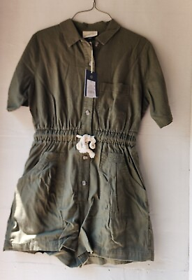 #ad New Womens Universal Thread Button Up Dark Green Short Sleeve Romper $8.99