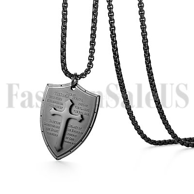 #ad Mens Stainless Steel Bible Lords Prayer Sheild Pendant Charm Necklace Chain Gift $11.99