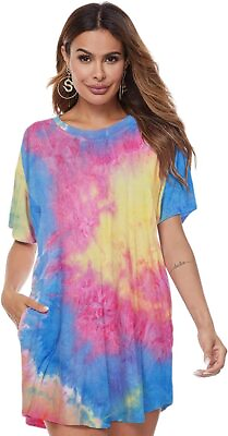 #ad MOUSYA Women Tie Dye Dress Short Sleeve T Shirt Dress Summer Casual Loose Mini D $38.10