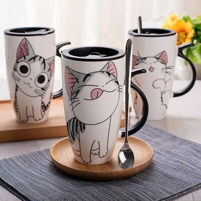#ad 600ml Cute Cat Ceramic Coffee Tea Mug Novelty Ceramic Morning Cup W Lid And $17.99