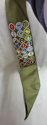 #ad Boy Scout Merit Badge Sash Firest Green With 24 Merit Badges Vintage BSA $29.99