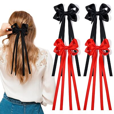 #ad 4 PCS Hair Bows Ribbon for Women Hair Clip Black Red Satin Bow with Long Tass... $13.48