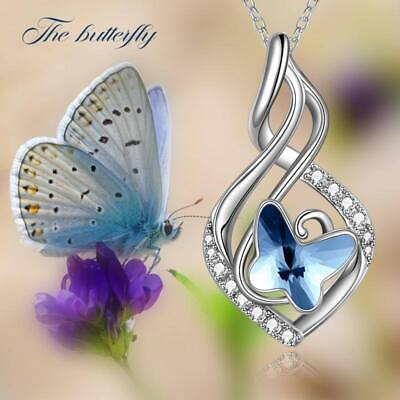 #ad 925 Sterling Silver Infinity Necklace Blue Crystal Butterfly Gift $34.99