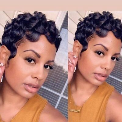 #ad Pixie Cut Wave Wigs for Black Women 100% Human Hair Wig None Lace Cute Black Wig $17.85