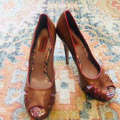 #ad MISSONI Brown Leather Peep Toe Pumps Shoes Heels Chevron Lining Women#x27;s 9 or 40 $185.00