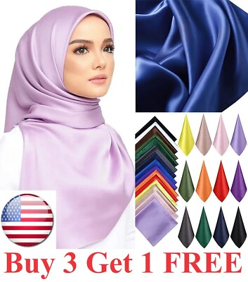 #ad 3x3 FT Solid Satin Silk Scarf Hijab Muslim Soft Large Square Head Neck Wrap Dura $5.95
