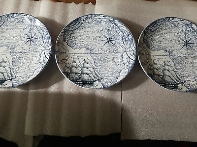 #ad LAST CHANCE Set Of 3 222 Fifth PTS International Due North Blue 8quot; Plates Excel. $12.99