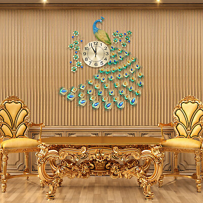 #ad Luxury Peacock 8.26Inch Wall Clock 3D Metal Big Watch Art Decoration Modern New $60.80
