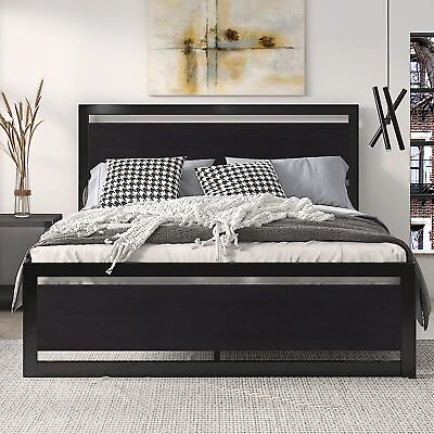 #ad Queen Size Bed Frame with Modern Wooden Headboard Heavy Duty Platform Metal Bed $191.99