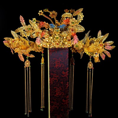 #ad 26#x27;#x27; Chinese antiques copper 24K gold gilt inlay gem flower imperial crown hat $750.00