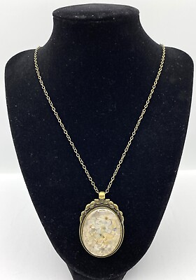#ad Brass tone Pressed Flower Pendant Necklace With Domed Glass $14.99