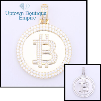 #ad Bitcoin Coin Men Women#x27;s 925 Sterling Silver Gold CZ Pendant*AJI $71.99
