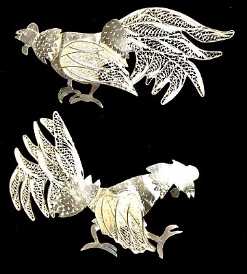 #ad NEW PERUVIAN Silver Filigree Handmade Vintage Shape Pair of Roosts For Wall Deco $159.00