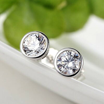 #ad 2 Ct Natural Moissanite Round Cut Bezel Stud Earrings 14K Solid White Gold $547.43