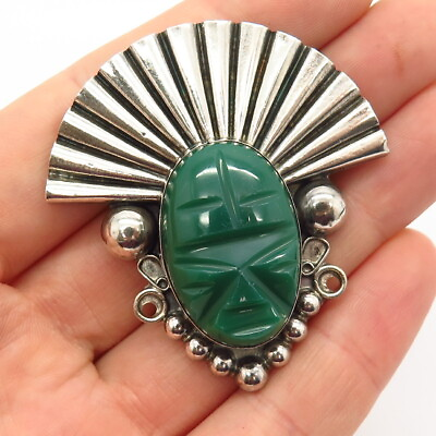 #ad 925 Sterling Vintage Mexico Carved Green Onyx Gem Tribal Face Pin Brooch $94.99