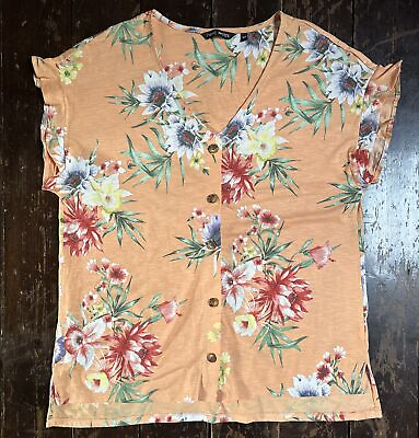 #ad NEXT PETITE 16 Peach TROPICAL Floral Print Button Front Ruffle Sleeve Cotton Top GBP 19.99