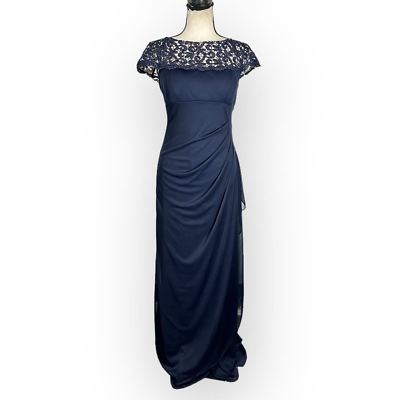 #ad X by XSCAPE Embellished Neck Gown Women#x27;s 4 Navy Blue Maxi Cap Sleeve NWT $84.00