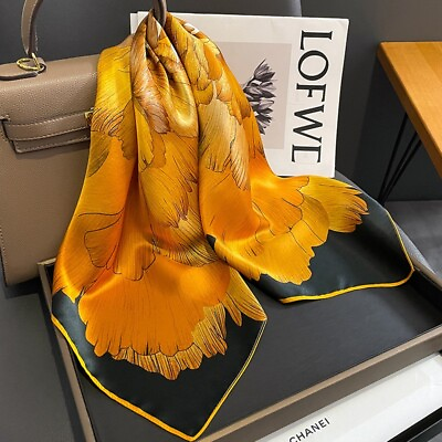 #ad 100% Mulberry Silk 27quot; Square Scarf Women Neckerchief Wrap Floral Yellow Flower $13.51
