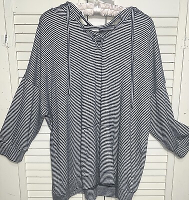 #ad New Plus Size 2X Blue Shirt White Hooded Striped Top Hoodie $58 $29.95