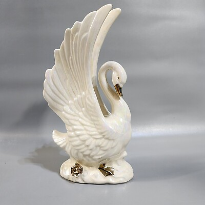 #ad Vintage Swan Figurine Japan Ceramic Pearl White Gold Trim Mid Century Modern 9quot; $12.99