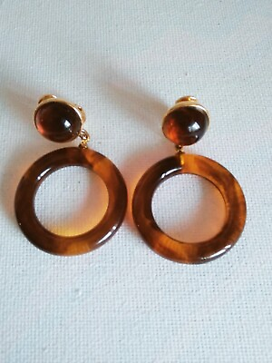 #ad Signed Monet Brown Swirl Gold Tone Round Hoop Clip On Earrings $10.99