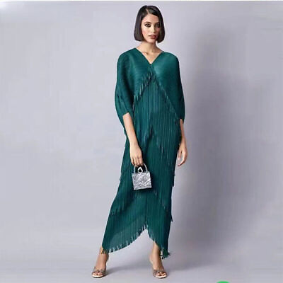 #ad Pleated Dress Woman Sleeve Loose Casual Style V Collar Long Dresses Spring $77.63