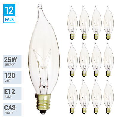 #ad 12 Pack 25CFC Chandelier Bulbs 25W Watt 120V CA8 Flame Tip Candelabra E12 Clear $13.45