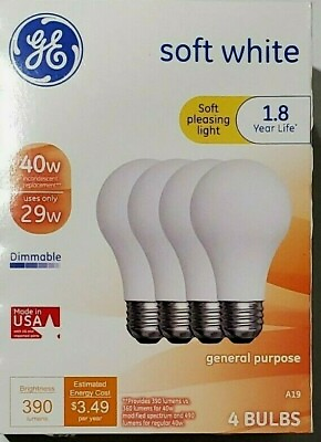 #ad GE Bulb Soft White NOT LED A19 Med Base 40W 29W 390 Lumen 4 Pack $13.99