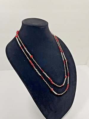 #ad Strand Red Long Double Ruby Seed Bead amp; tiny white Crystal Necklace LOFT $14.69