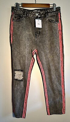 #ad ADIKA New Womens Black Distressed Pink Side Striped Straight Leg Jeans size XL $24.99