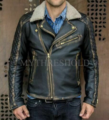 #ad Black Cafe Racer Biker Fur Collar Distressed Genuine Leather Jacket For Mens GBP 76.99