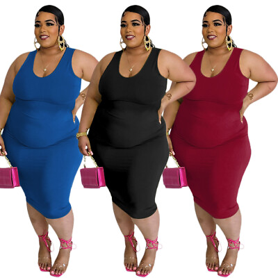#ad New Plus Size Women O Neck Sleeveless Solid Patchwork Bodycon Midi Dress Club $29.78