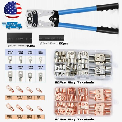 #ad 140Pcs Copper Lugs Ring Terminals Bare Battery Welding Crimp Wire Connectors Kit $39.99
